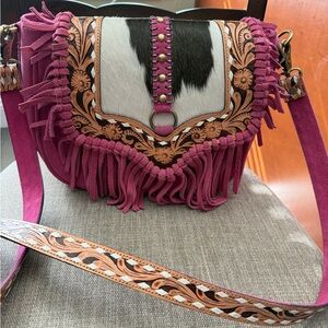 Fringed Pink Genuine Suede & Cowhide Crossbody Bag